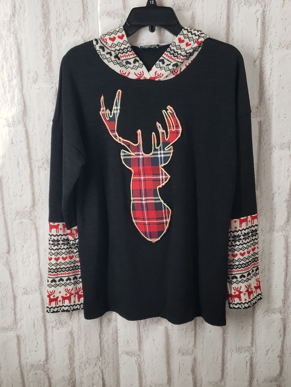 Black Holiday Reindeer Plaid Applique Hoodie Sweater. Large. NWOT